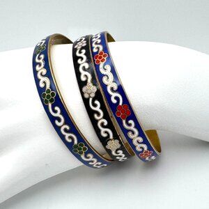 Cloisonne Enamel Brass Blue Red Green Black Vtg Set of 3 Bangle Bracelet  7.5